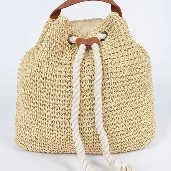 NWT Boho Beach Raffia Woven Rope Backpack - Picture 7 of 11